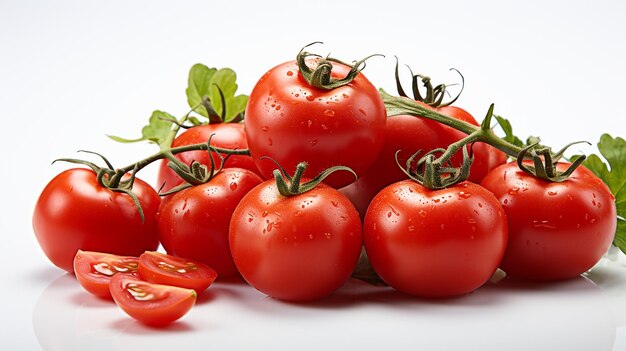 Lebendige Ernte frischer, pürierter Bio-Tomaten, isoliert auf Weiß