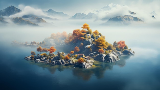 Lebendige Fantasy-Landschaft Schöne Insel im Herbst mit Nebel