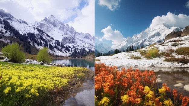 Lebendige Farben von Frühlingsblumen in einer majestätischen Bergkette