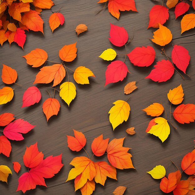 Lebendige Farben von Herbstlaub auf Holzbrettern, die von KI erzeugt werden