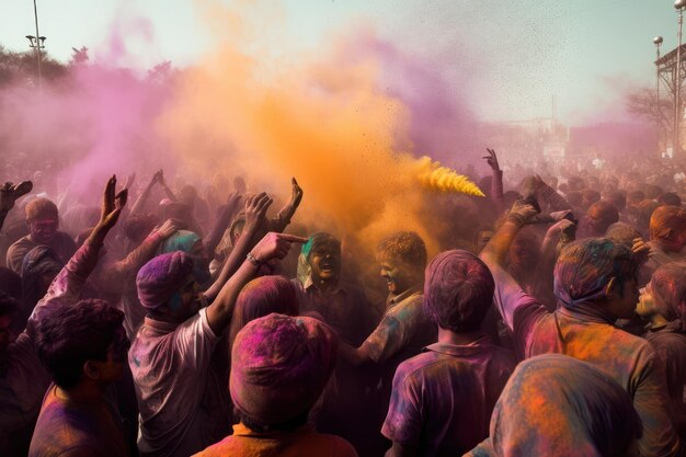 Lebendige Farben, wenn junge Nachtschwärmer während des Holi-Festivals Pulver in die Luft werfen