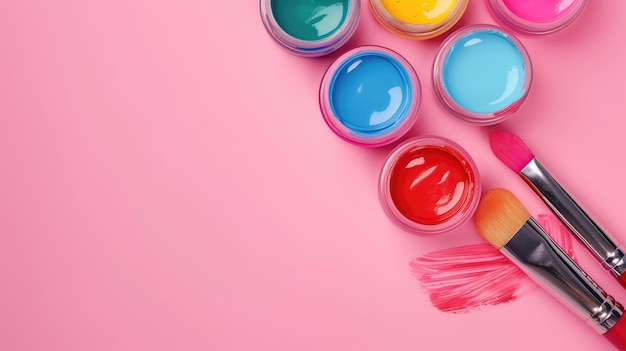 Lebendige Farbkrüge und Pinsel bereit für kreative Kunstprojekte auf einer rosa Oberfläche
