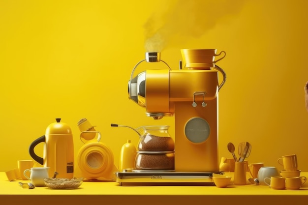 Lebendige Farbpalette einer modernen Espressomaschine und Gourmet-Lebensmittel