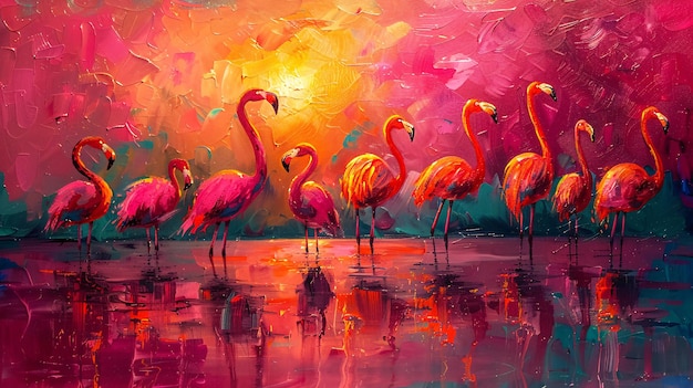 Lebendige Flamingo-Ölmalerei mit Reflexion
