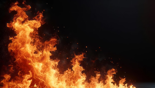Lebendige Flammen steigen gegen einen dunklen Hintergrund mit Funken auf Energetische Feuertextur Generative KI