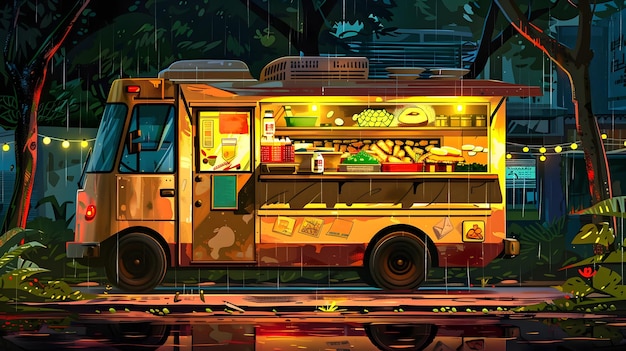 Foto lebendige food truck-illustration in der stadt in der nacht