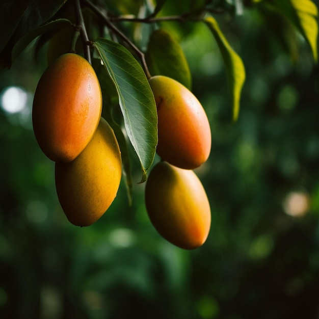 Lebendige Fotografie reifer Mangos mit üppigem grünem Laub