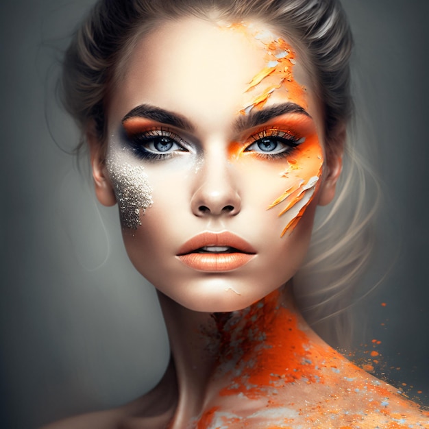 Lebendige Frau mit orangefarbener Farbe und künstlerischem Ausdruck. Bild mit generativer KI
