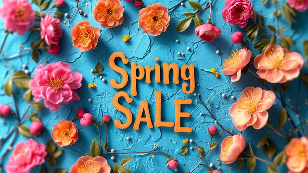 Lebendige Frühlingsverkaufsbotschaft mit orange und rosa Blüten auf textiertem blauen Hintergrund.