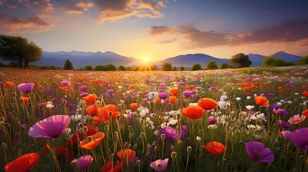 Lebendige Frühlingswiesenlandschaft mit Wildblumen Heller Himmel und rollende Hügel in einem malerischen C