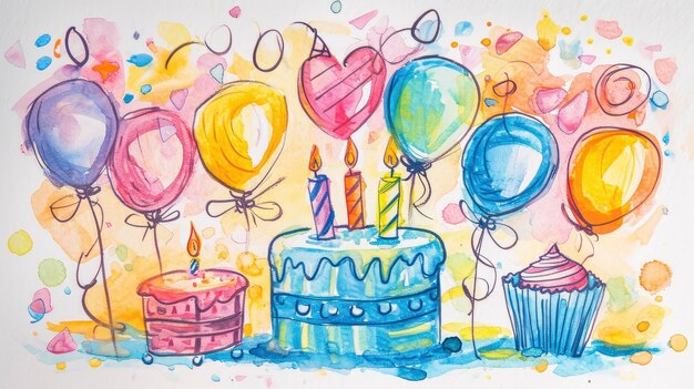 Lebendige Geburtstagsglückseligkeit Eine wunderbare Aquarellszene mit Ballons Kuchen und Naturmagie