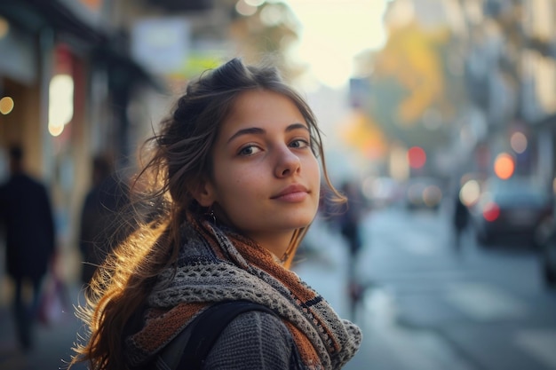 Foto lebendige gespräche mit einer jungen frau in städtischen umgebungen