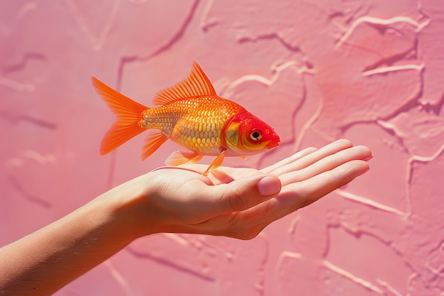 Lebendige Goldfische in menschlichen Händen vor einem rosa Hintergrund