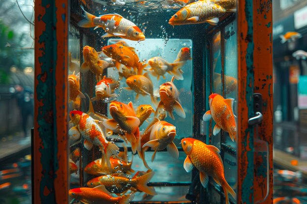 Lebendige Goldfische schwimmen in einem öffentlichen Aquarium