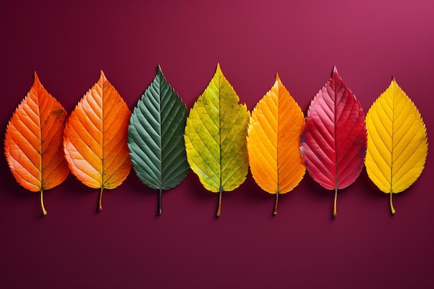 Lebendige Herbst-Symphonie Eine Studioaufnahme von bunten Blättern, die in einer Reihe ausgerichtet sind Aspektverhältnis 32