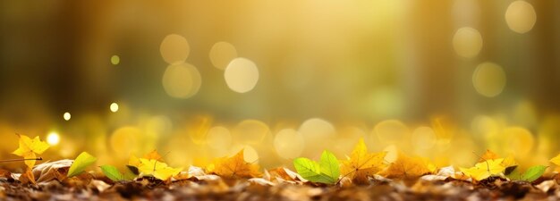 Lebendige Herbstblätter auf dem Boden mit hellgrünem Bokeh-Panorama, das von KI generiert wurde