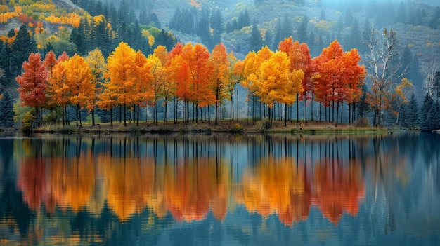 Lebendige Herbstfarben spiegeln sich in einem stillen See wider