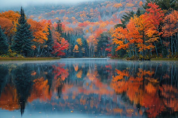 Lebendige Herbstfarben spiegeln sich in einem stillen See wider