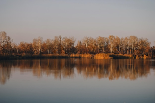 Lebendige Herbstsonnenuntergang. Herbstlandschaft des Sonnenuntergangs über dem Fluss mit leuchtendem Gras am Ufer. Malerische Natur am hellen Abend mit buntem Himmel