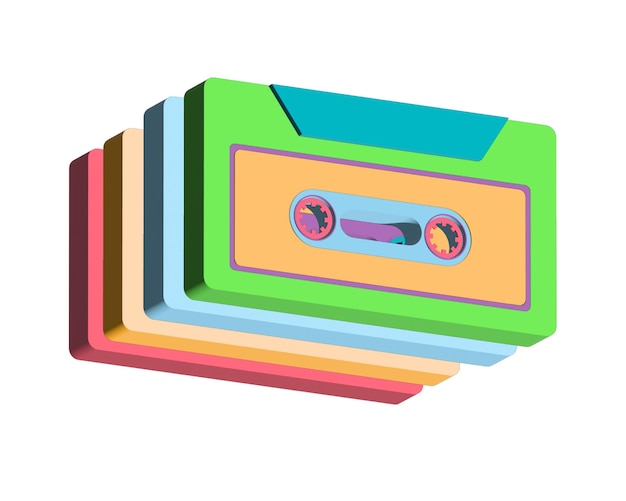 Lebendige Illustration Audio-Kassetten aus den 70er, 80er, 90er Jahren Nostalgie Retro und Neon Vintage Retrofuturismus 3D-Kassette auf weißem Hintergrund
