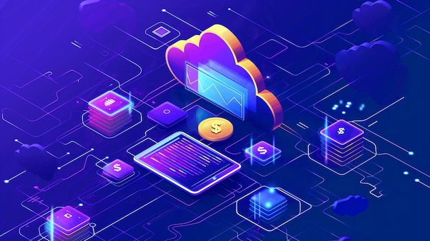 Lebendige isometrische Illustration der Cloud-Computing-Technologie mit Datenblöcken und finanziellen Symbolen