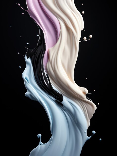 Lebendige Joghurt-Splashes in MidAir auf isolierter schwarzer Studio-Hintergrund