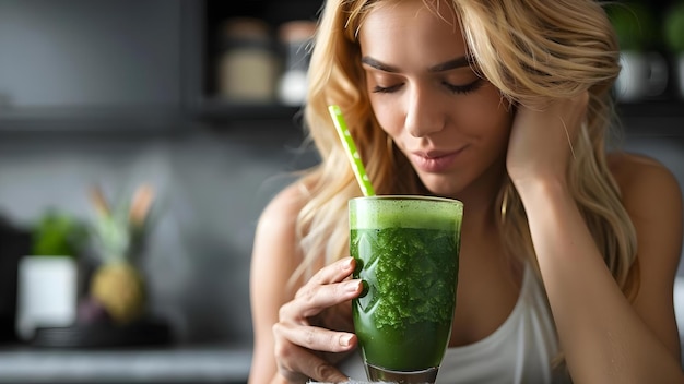 Foto lebendige junge vegane frau in der küche genießt grünen saft und smoothie für die gesundheit konzept gesunder lebensstil veganische ernährung grüne saft smoothies wellness