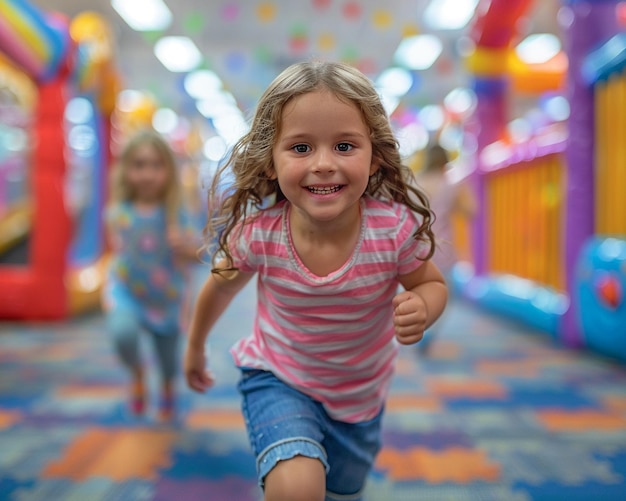 Lebendige Kinder spielen im Spielzentrum, in dem es mit familienfreundlichen Geschäften brummt