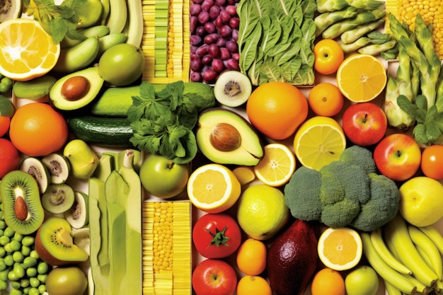 Lebendige Lebensmittel Collage Früchte Gemüse Getreide und pflanzliches Protein