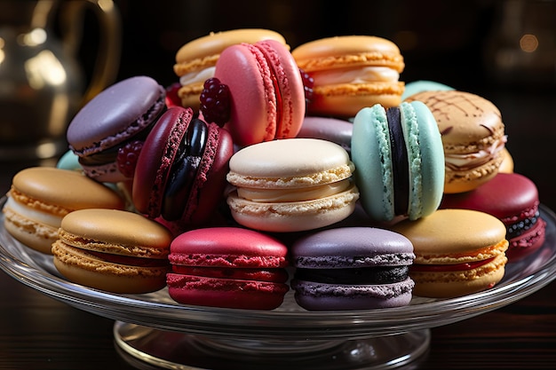 Lebendige Macarons im eleganten Tablett von Generative IA