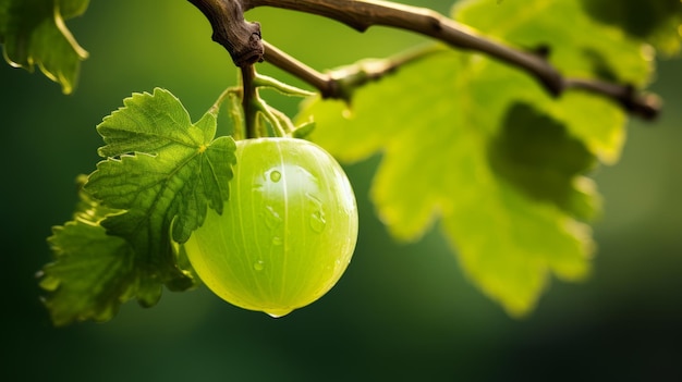 Lebendige Makrofotografie einer Stachelbeere auf einem Baum mit Farbverlauf