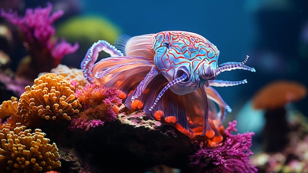 Lebendige Medusa schwimmt in einem farbenfrohen Unterwasserriff