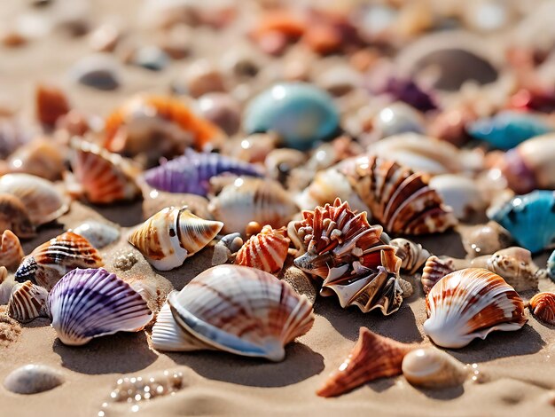 Foto lebendige meeresmuscheln verstreut auf dem sandstrand ai genareted