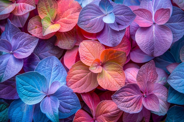 Lebendige mehrfarbige Hortensieblätter Eine Nahaufnahme der Blüten schönheit und natürliche Muster