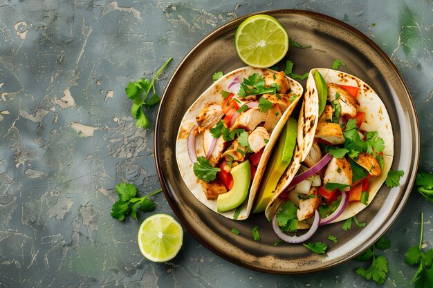 Lebendige mexikanische Hühnertacos mit frischem Avocado und Cilantro