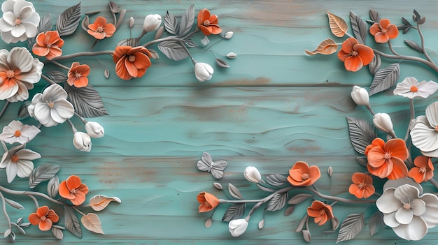 Lebendige orangefarbene Blüten schmücken rustikale Holzplatten elegante Blumenkunstwerke für Hintergründe und Designprojekte ideal für Frühlingsthemen botanische Eleganz erfasst KI