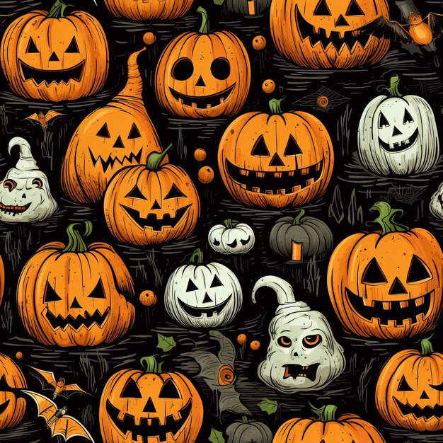 Lebendige orangefarbene Halloween-Hintergrund mit spielerischen Kürbissen, Geistern und Herbstblättern perfekt