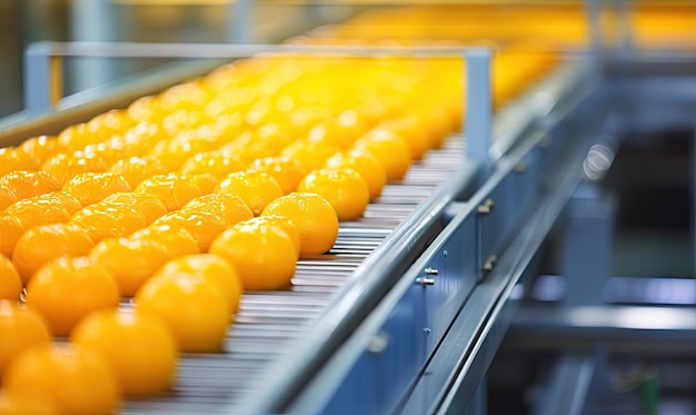 Foto lebendige orangen auf einem förderband in einer fabrik effiziente verarbeitung von frischen orangen in einer modernen produktionsanlage, die mit generativen ki-tools erstellt wurde