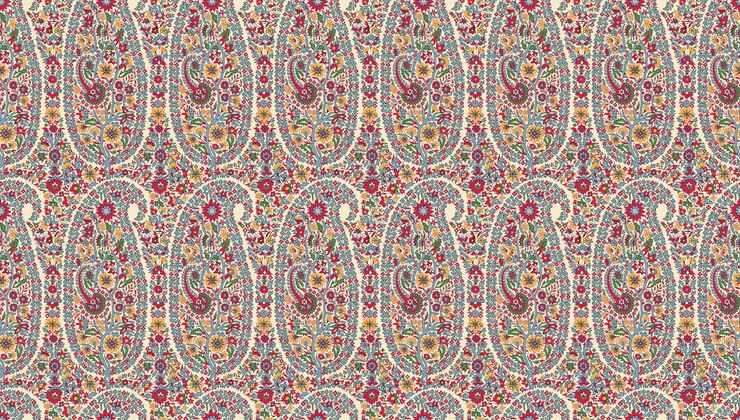 Lebendige Paisley-Motive wirbeln auf Creme und verschmelzen bohemianisches Flair mit zeitloser Kunst und kühner Anmut.