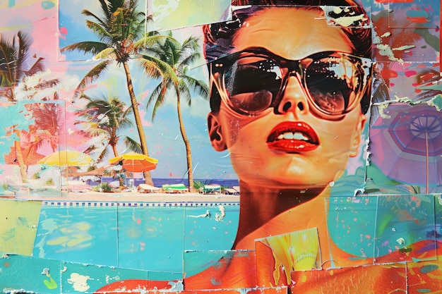 Lebendige Pop-Art-Collage mit einer Frau, die einen tropischen Sommerurlaub genießt