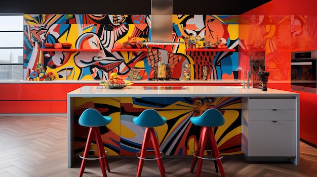Foto lebendige pop-art-küche fette grafiken farbiger ausdruck
