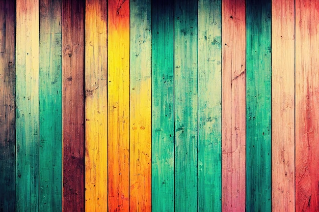 Lebendige Regenbogenfarben, die auf Holzplatten gemalt werden, bilden einen farbenfrohen und strukturierten Hintergrund
