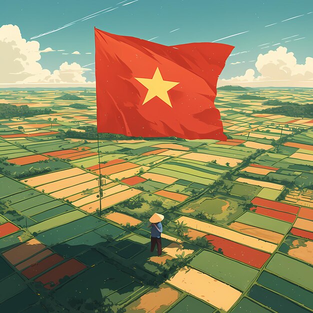 Foto lebendige reisfelder mit roter flagge als symbol für frieden und einheit