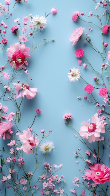 Lebendige rosa Blüten gegen einen weichen blauen Hintergrund