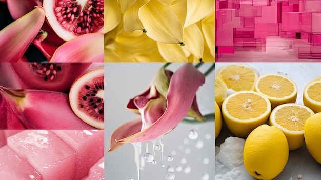 Foto lebendige rosa und gelbe collage mode obst und minimalismus