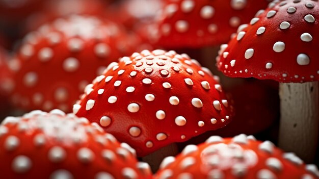 Lebendige rote Pilze mit weißen Flecken in Nahaufnahme mit verschwommenem Hintergrund