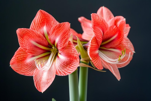 Lebendige rote und weiße Amaryllisblüten auf dunklem Hintergrund Exotische Blüten Botanische Fotografie