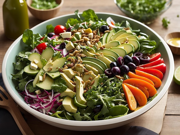 lebendige Salatschüssel mit einer Mischung aus frischem Grün, Gemüse und scharfem Dressing