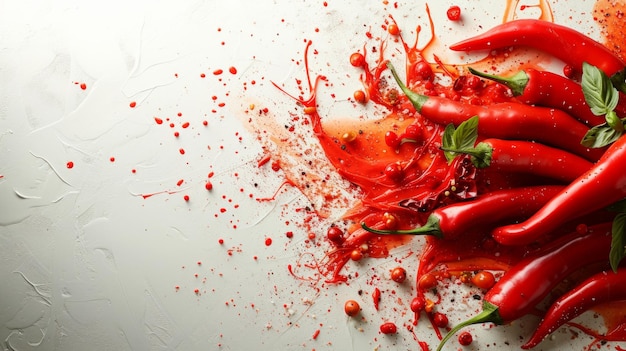 Lebendige Salsa-Splatters und Chili-Pfeffer-Motive spiegeln die scharfe Küche wider