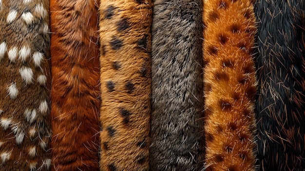 Lebendige Sammlung von Faux-Fur-Mustern mit verschiedenen Tierprints Mode- und Textildesign CloseUp-Details Kreatives Materialfotografie KI